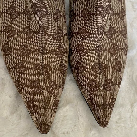 GUCCI GG Monogram Canvas Leather Ankle Boots Booties Stiletto Heels Pointed Toe - Picture 3 of 16